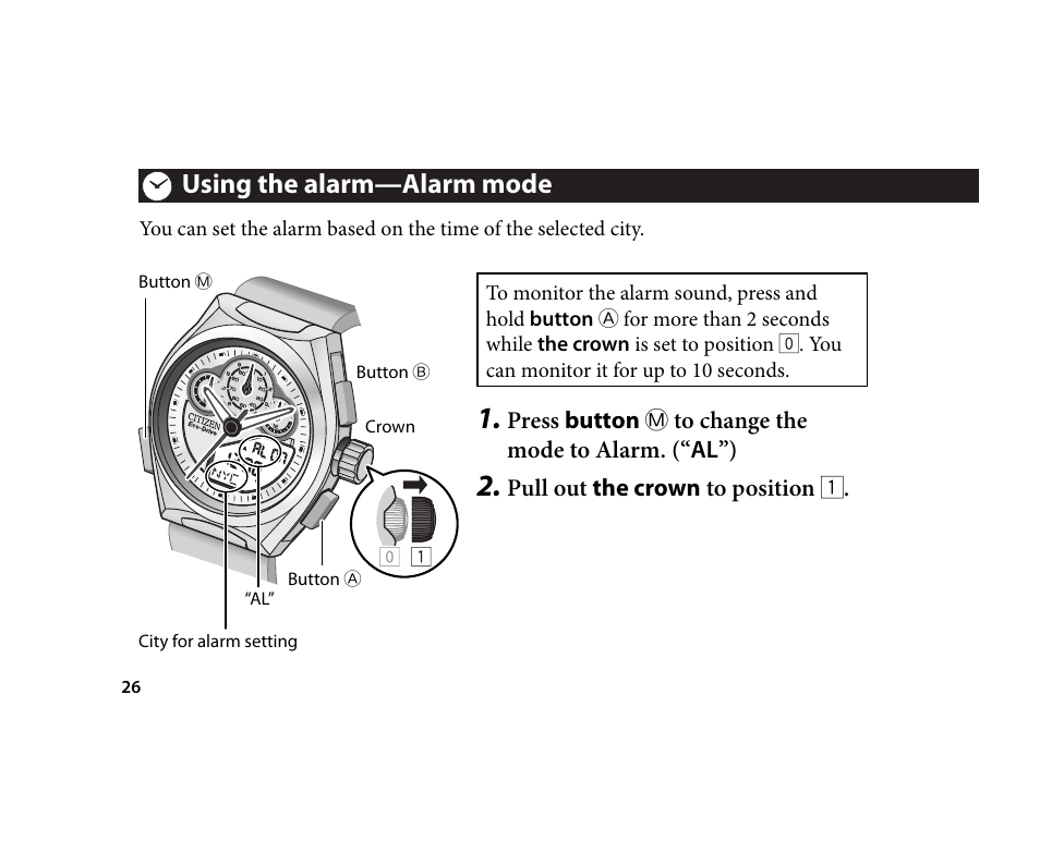 Using the alarm—alarm mode | CITIZEN U700 User Manual | Page 26 / 62