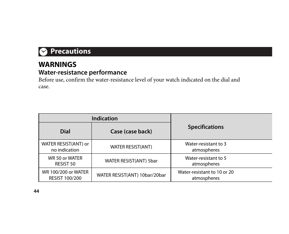 Warnings, Precautions, Water-resistance performance | CITIZEN U700 User Manual | Page 44 / 62