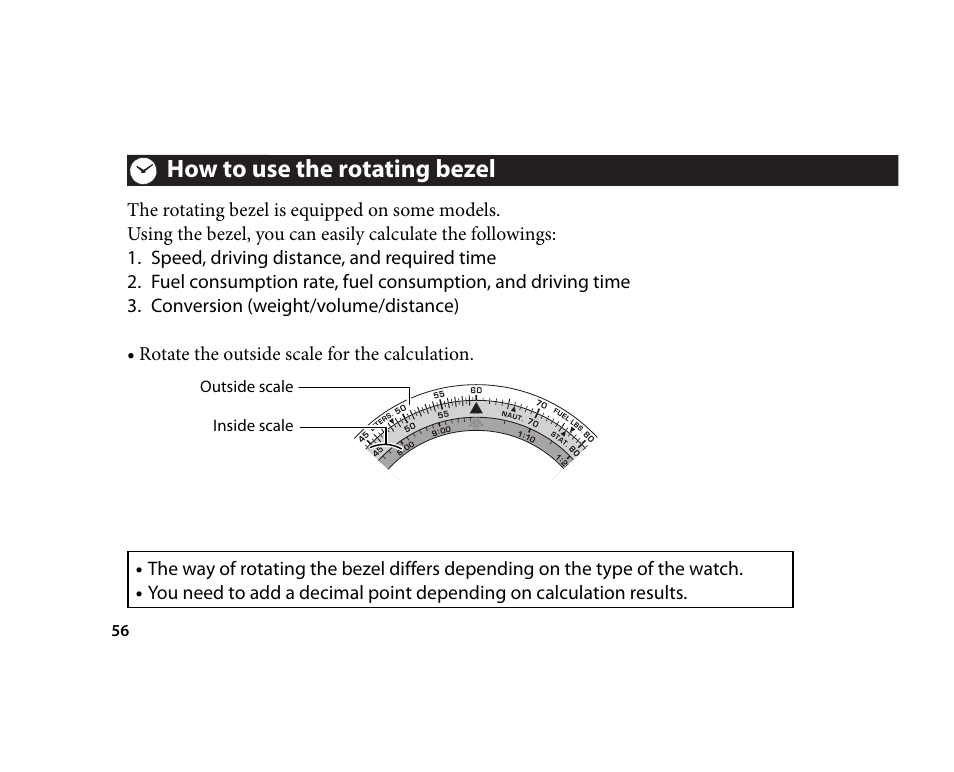 How to use the rotating bezel | CITIZEN U700 User Manual | Page 56 / 62