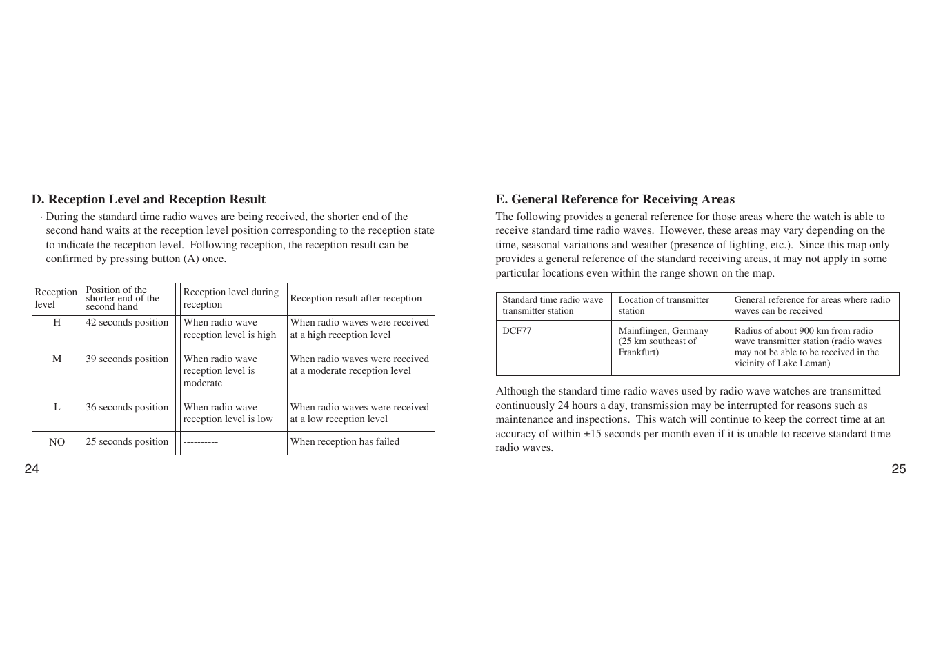 D. reception level and reception result, E. general reference for receiving areas | CITIZEN H461 User Manual | Page 12 / 42