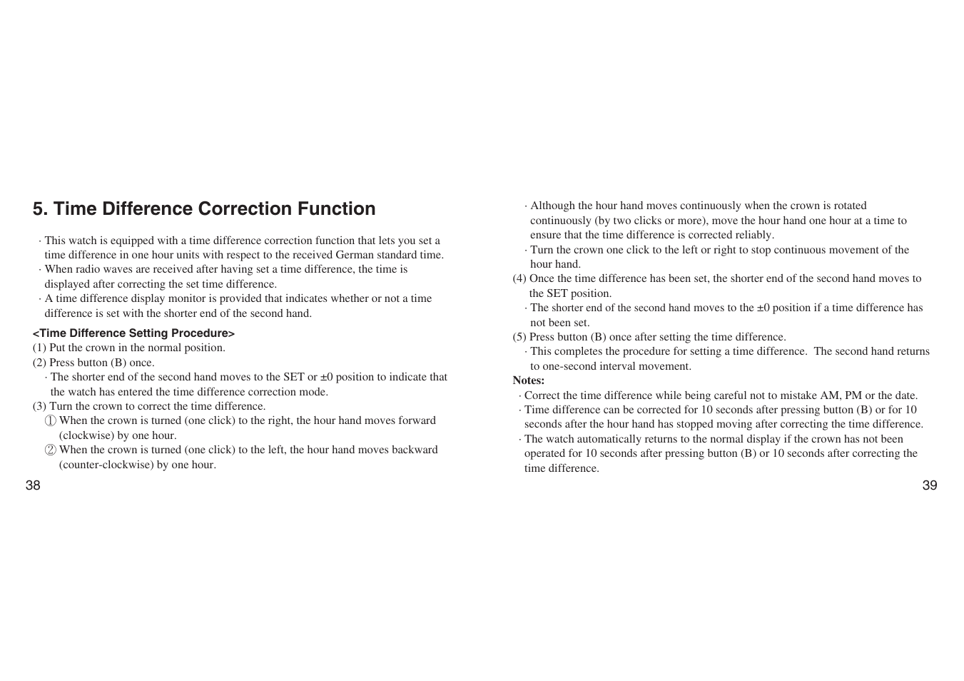 Time difference correction function, Time difference setting procedure | CITIZEN H461 User Manual | Page 19 / 42