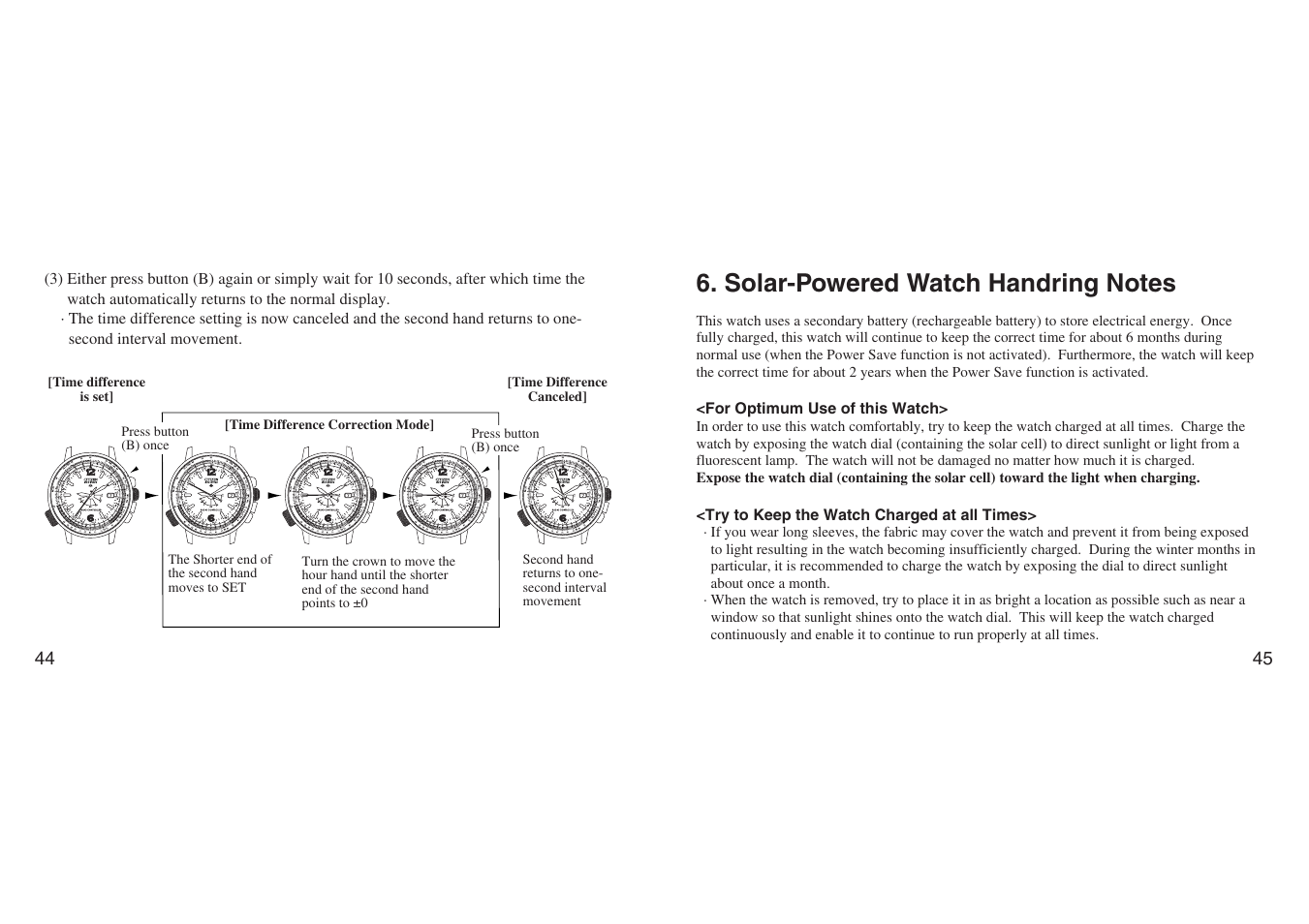 Solar-powered watch handring notes, For optimum use of this watch, Try to keep the watch charged at all times | CITIZEN H461 User Manual | Page 22 / 42