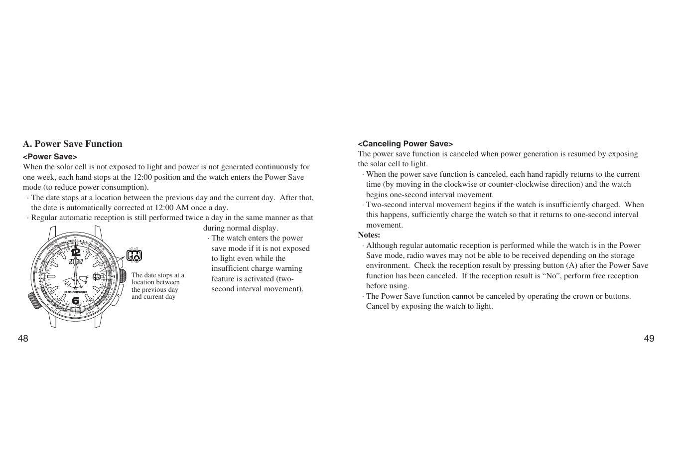 A. power save function, Power save, Canceling power save | CITIZEN H461 User Manual | Page 24 / 42