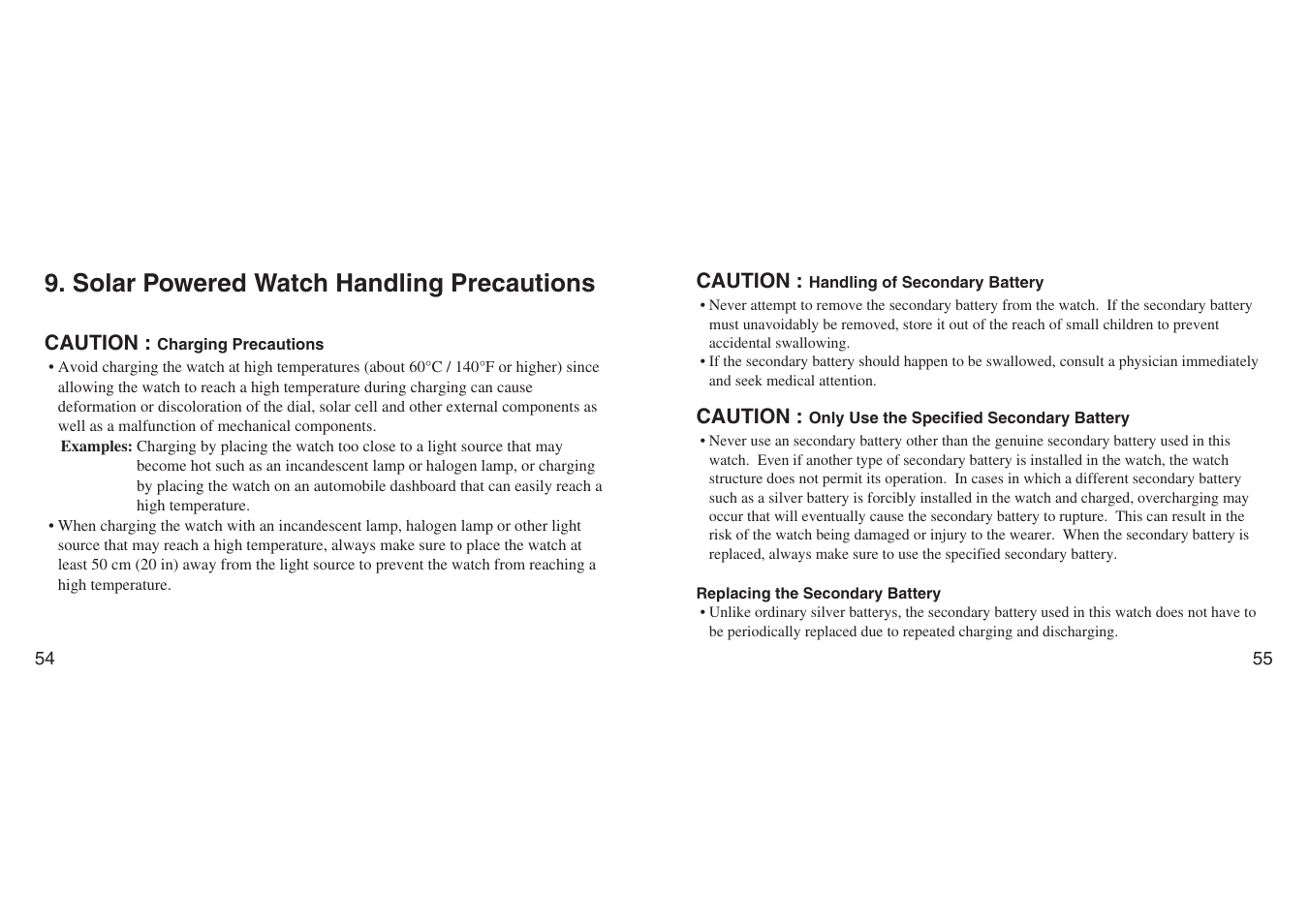 Solar powered watch handling precautions | CITIZEN H461 User Manual | Page 27 / 42