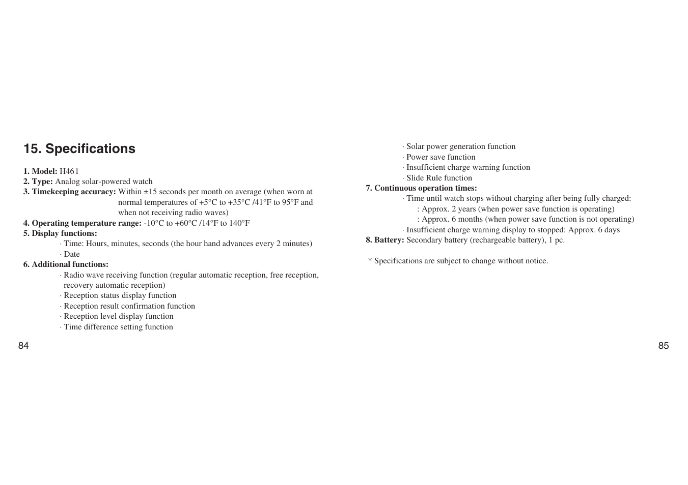 Specifications | CITIZEN H461 User Manual | Page 42 / 42