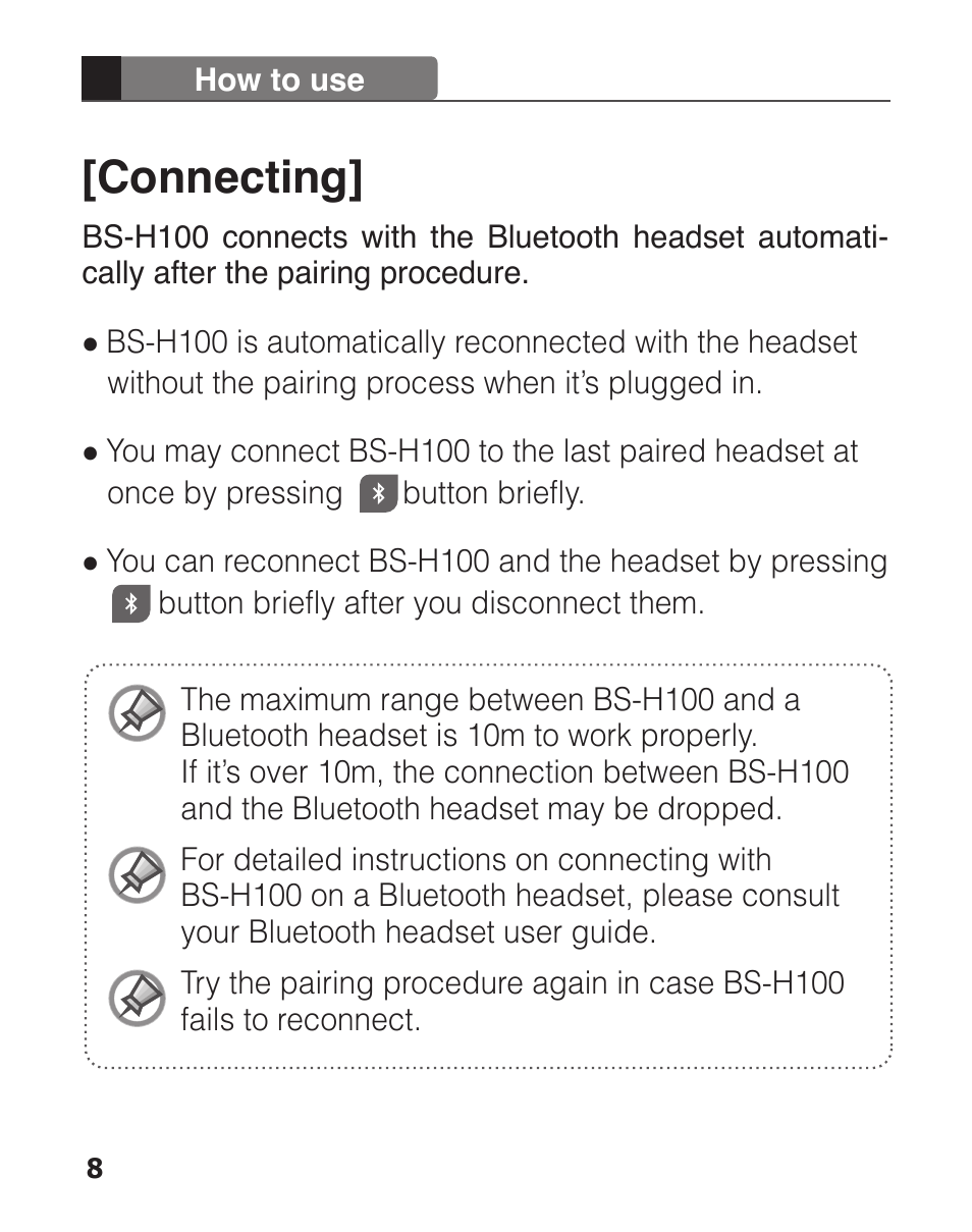 Connecting | Clipcomm BS-H100 User Manual | Page 10 / 24