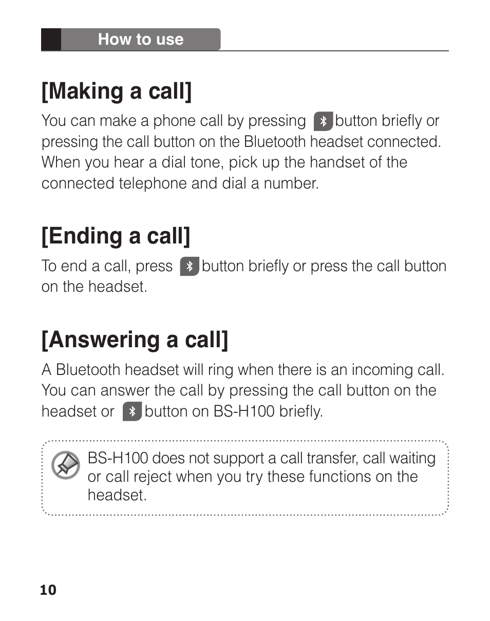 Making a call, Ending a call, Answering a call | Clipcomm BS-H100 User Manual | Page 12 / 24