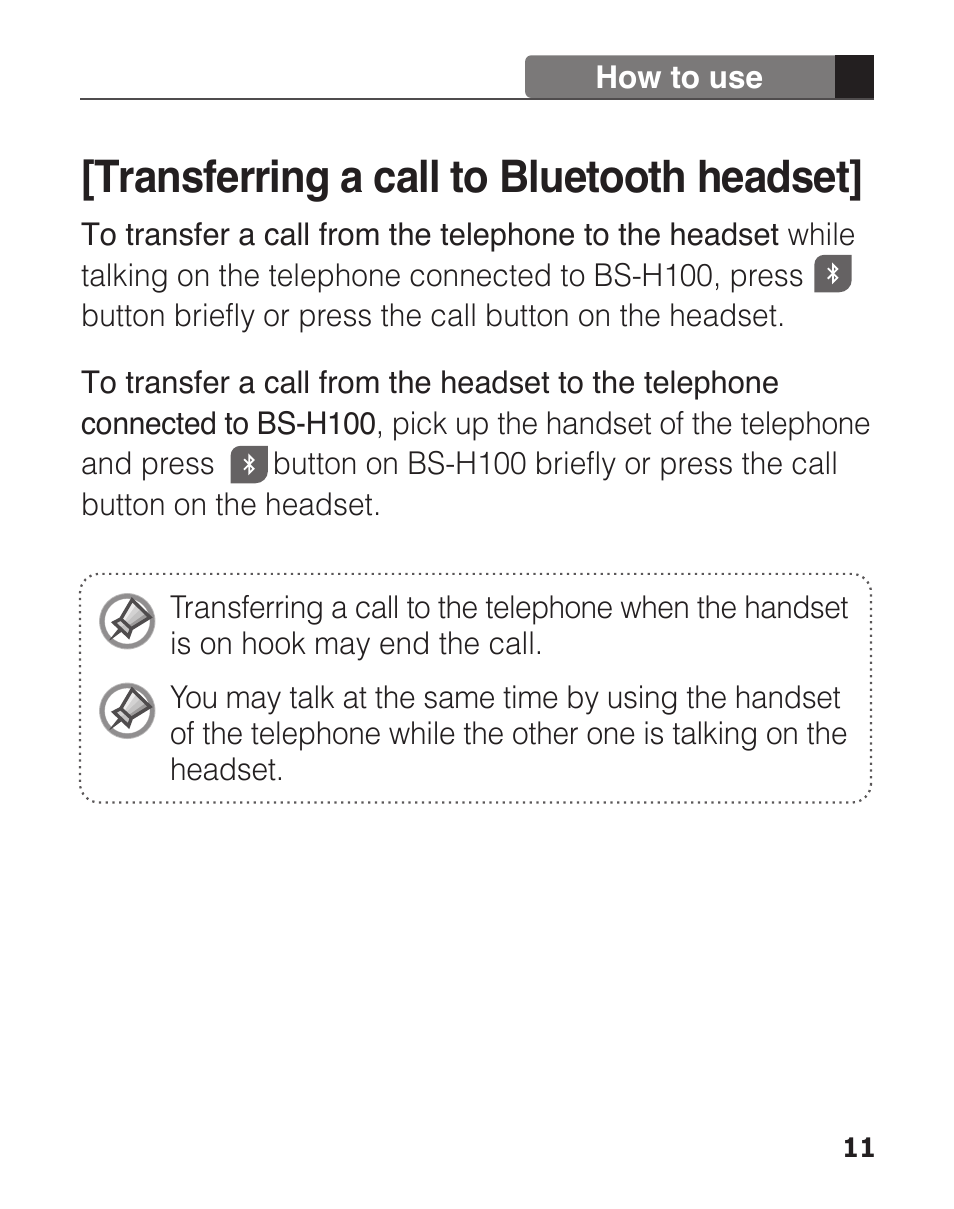 Transferring a call to bluetooth headset | Clipcomm BS-H100 User Manual | Page 13 / 24