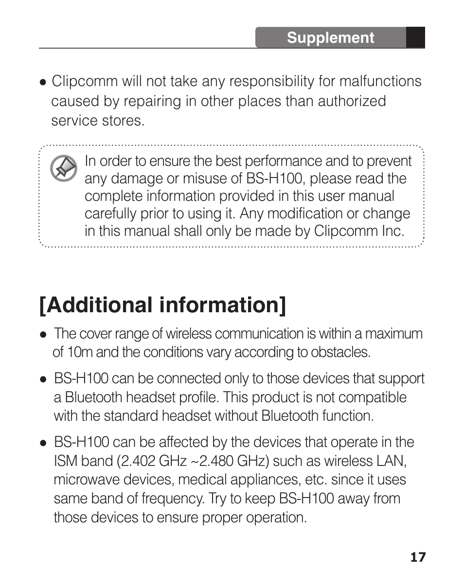 Additional information | Clipcomm BS-H100 User Manual | Page 19 / 24