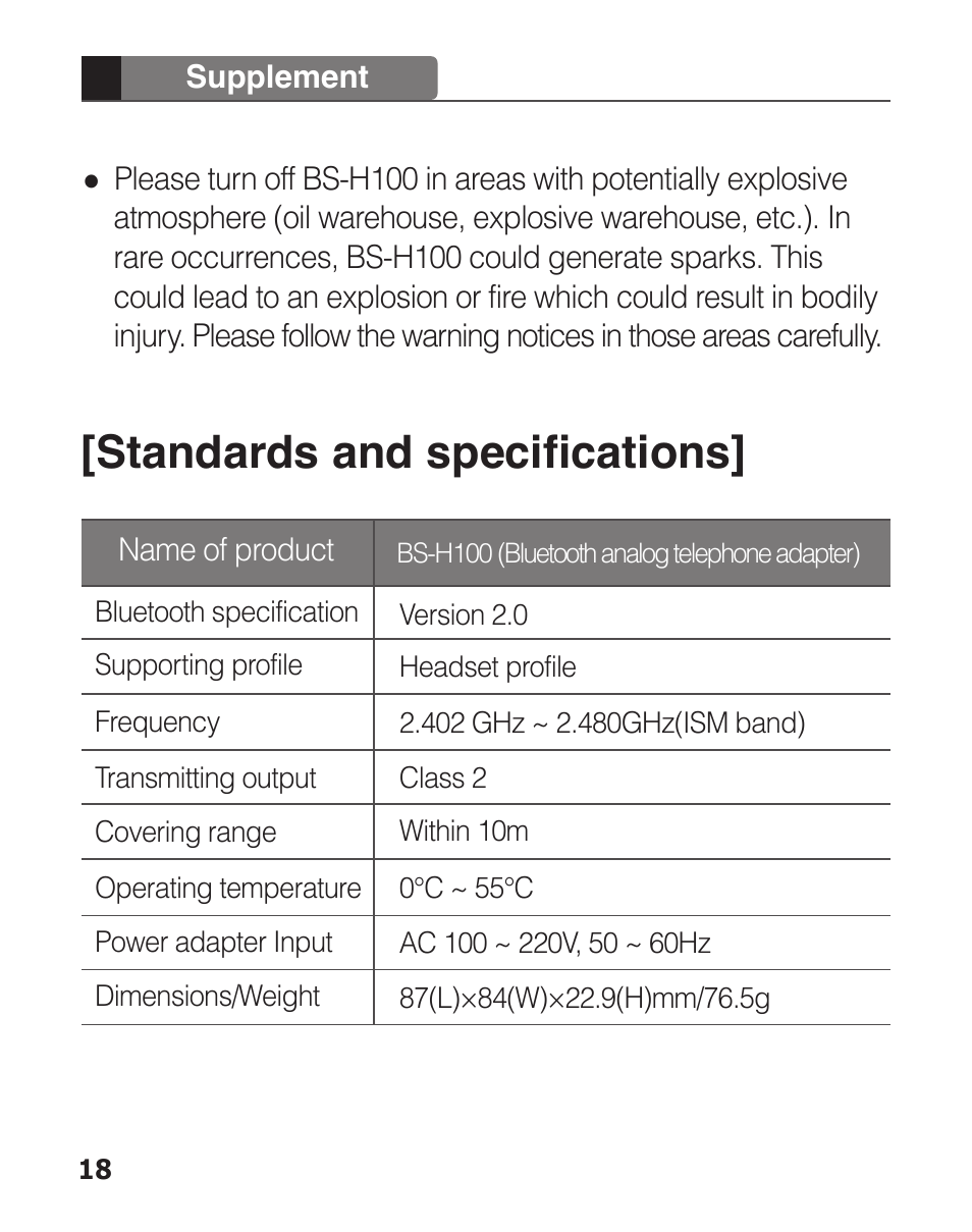Standards and specifications | Clipcomm BS-H100 User Manual | Page 20 / 24