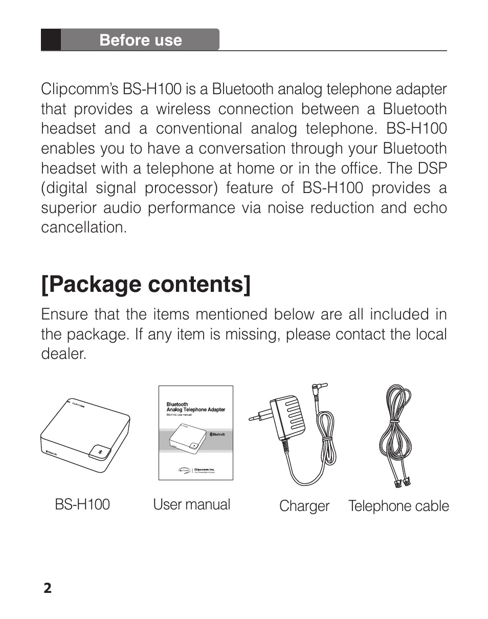 Package contents | Clipcomm BS-H100 User Manual | Page 4 / 24