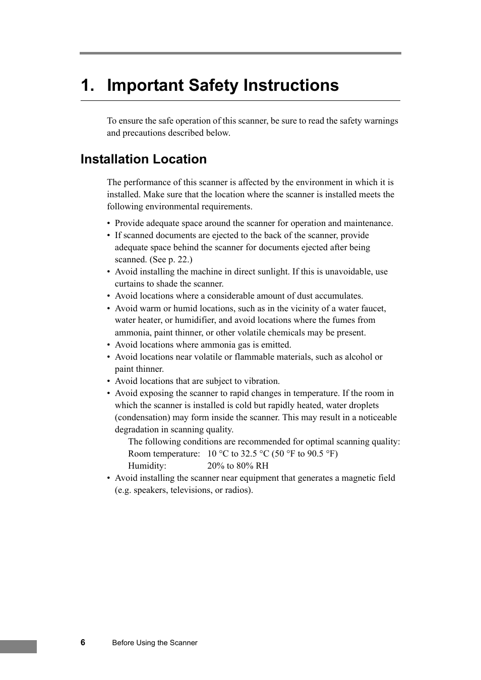 Important safety instructions, Installation location | Canon DR-2580C User Manual | Page 10 / 116