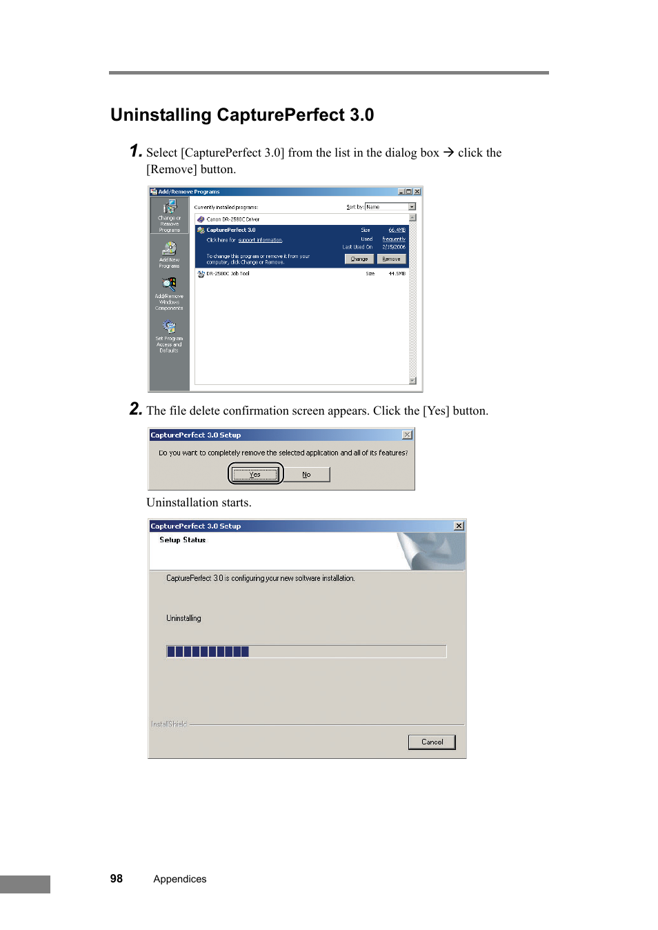 Uninstalling captureperfect 3.0, Uninstalling captureperfect 3.0 1 | Canon DR-2580C User Manual | Page 102 / 116