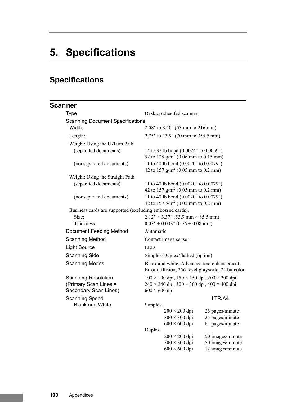 Specifications, Scanner | Canon DR-2580C User Manual | Page 104 / 116