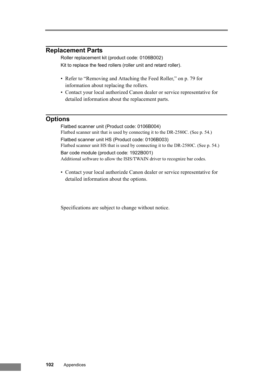 Replacement parts, Options | Canon DR-2580C User Manual | Page 106 / 116