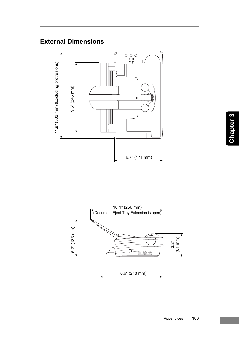 External dimensions, Chapter 3 external dimensions | Canon DR-2580C User Manual | Page 107 / 116