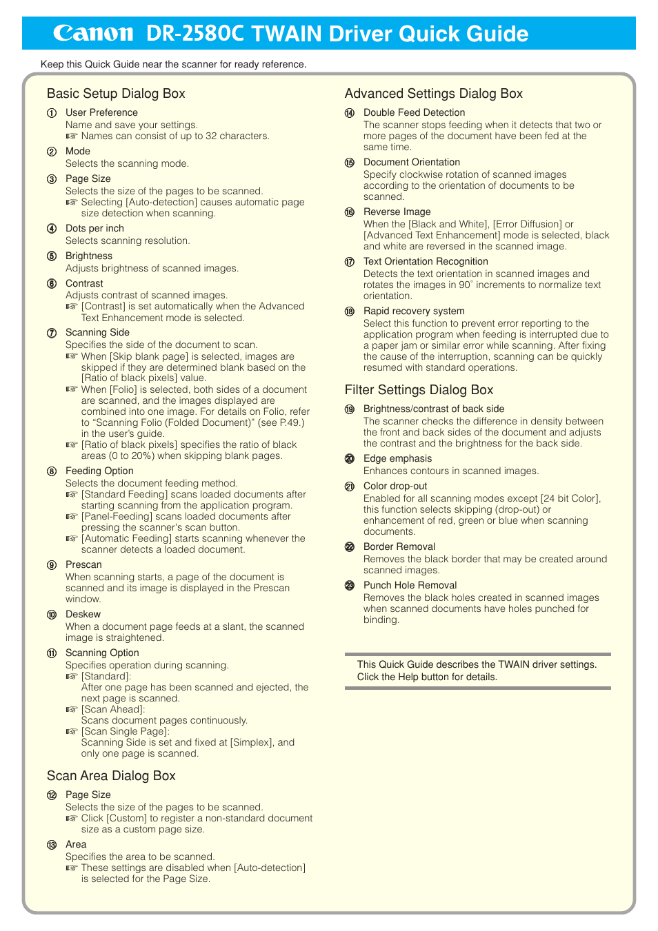 Twain driver quick guide, Basic setup dialog box, Scan area dialog box | Advanced settings dialog box, Filter settings dialog box | Canon DR-2580C User Manual | Page 114 / 116