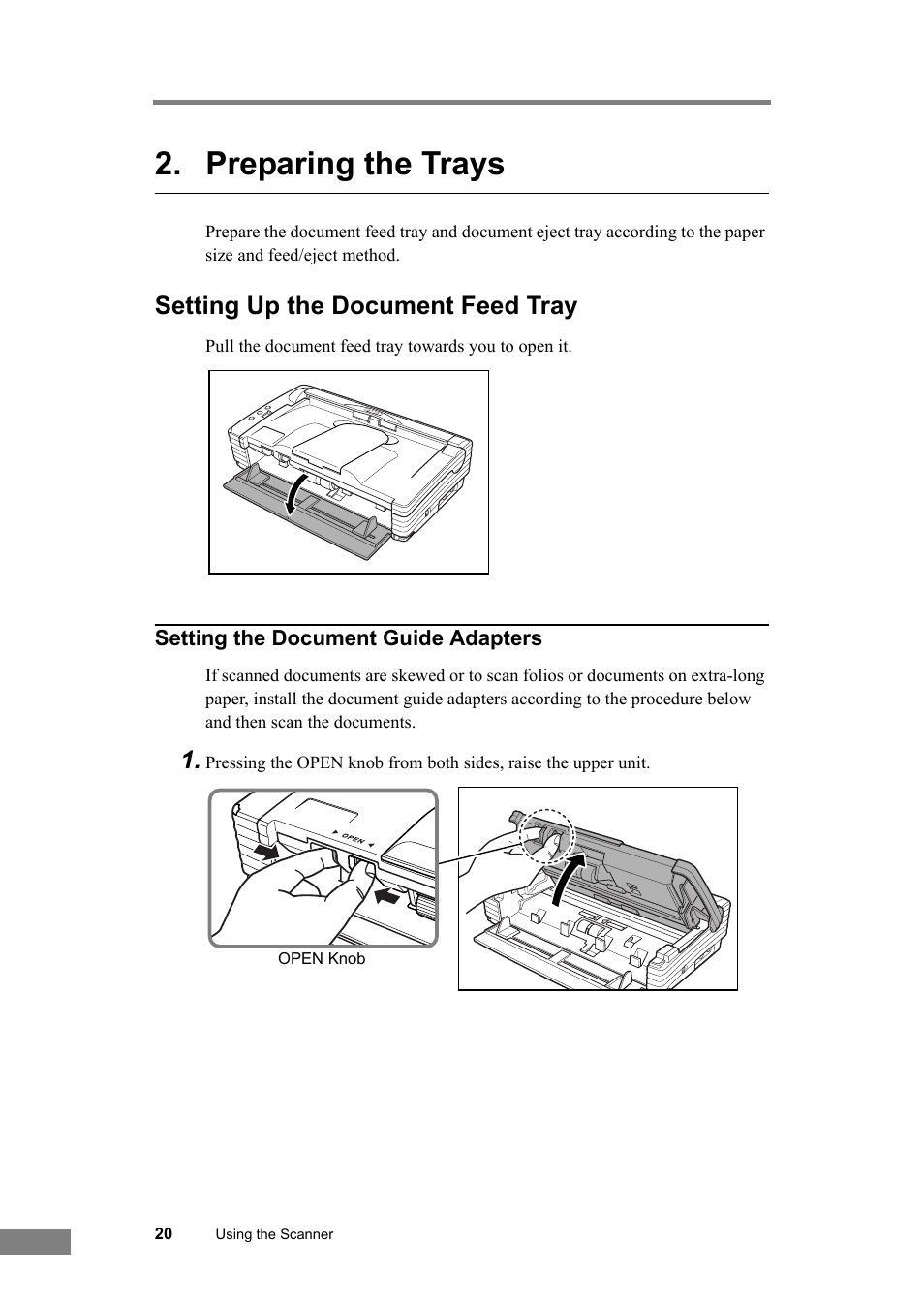 Preparing the trays, Setting up the document feed tray, P. 20, p | See p. 20.) | Canon DR-2580C User Manual | Page 24 / 116