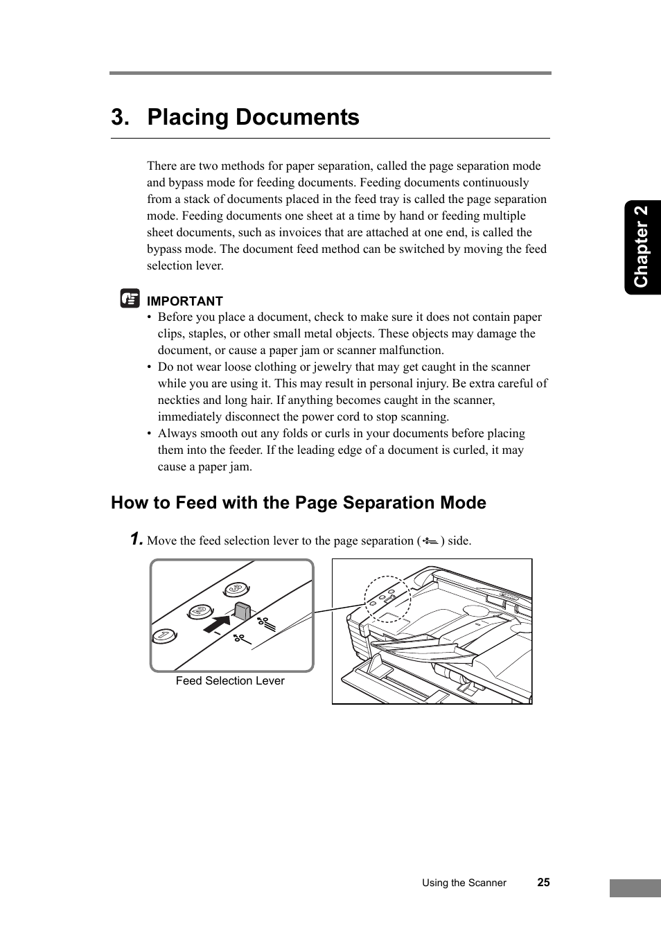 Placing documents, See p. 25.), Placing documents,” on | P. 25, Chapter 2, How to feed with the page separation mode 1 | Canon DR-2580C User Manual | Page 29 / 116