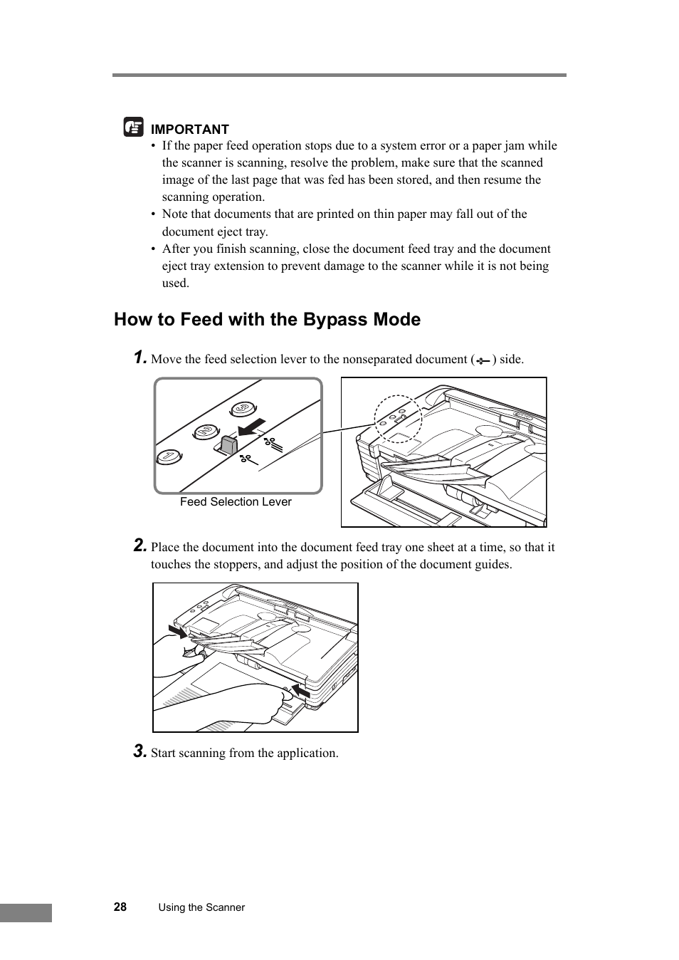 How to feed with the bypass mode, Mode). (see p. 28.), Ument scanning. (see p. 28.) | How to feed with the bypass mode 1 | Canon DR-2580C User Manual | Page 32 / 116