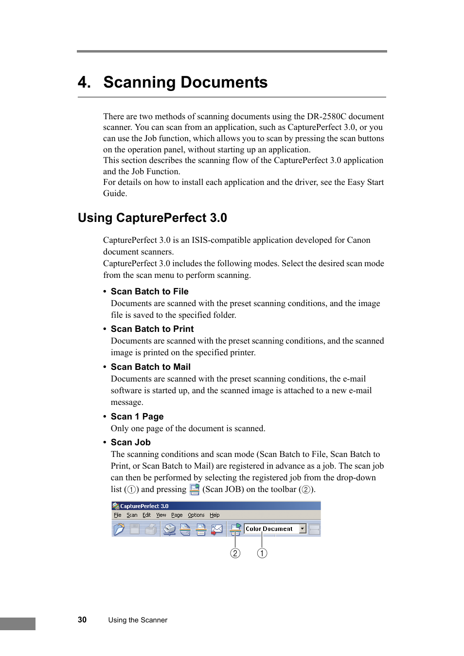 Scanning documents, Using captureperfect 3.0 | Canon DR-2580C User Manual | Page 34 / 116