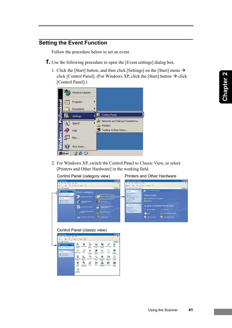 Chapter 2, Setting the event function | Canon DR-2580C User Manual | Page 45 / 116