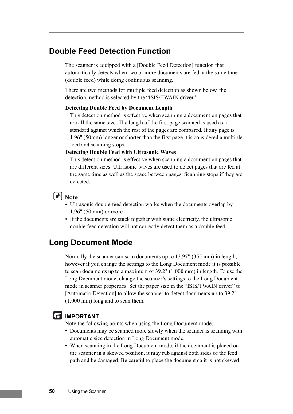 Double feed detection function long document mode, See “long document mode,” on p. 50 fo, Double feed detection function | Long document mode | Canon DR-2580C User Manual | Page 54 / 116