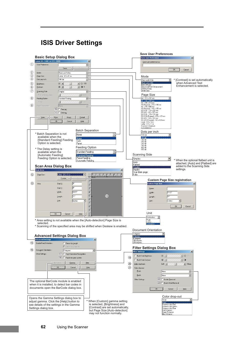 Isis driver settings, See “isis driver settings g,” on p. 62, See “isis driver settings c,” on p. 62 | See “isis driver settings l,” on p. 62, See “isis driver settings m,” on p. 62, See “isis driver settings h,” on p. 62, D “isis driver settings i,” on p. 62, See “isis driver settings o,” on p. 62, See “isis driver settings b,” on p. 62, See “isis driver settings o,” on p. 62, and “tw | Canon DR-2580C User Manual | Page 66 / 116