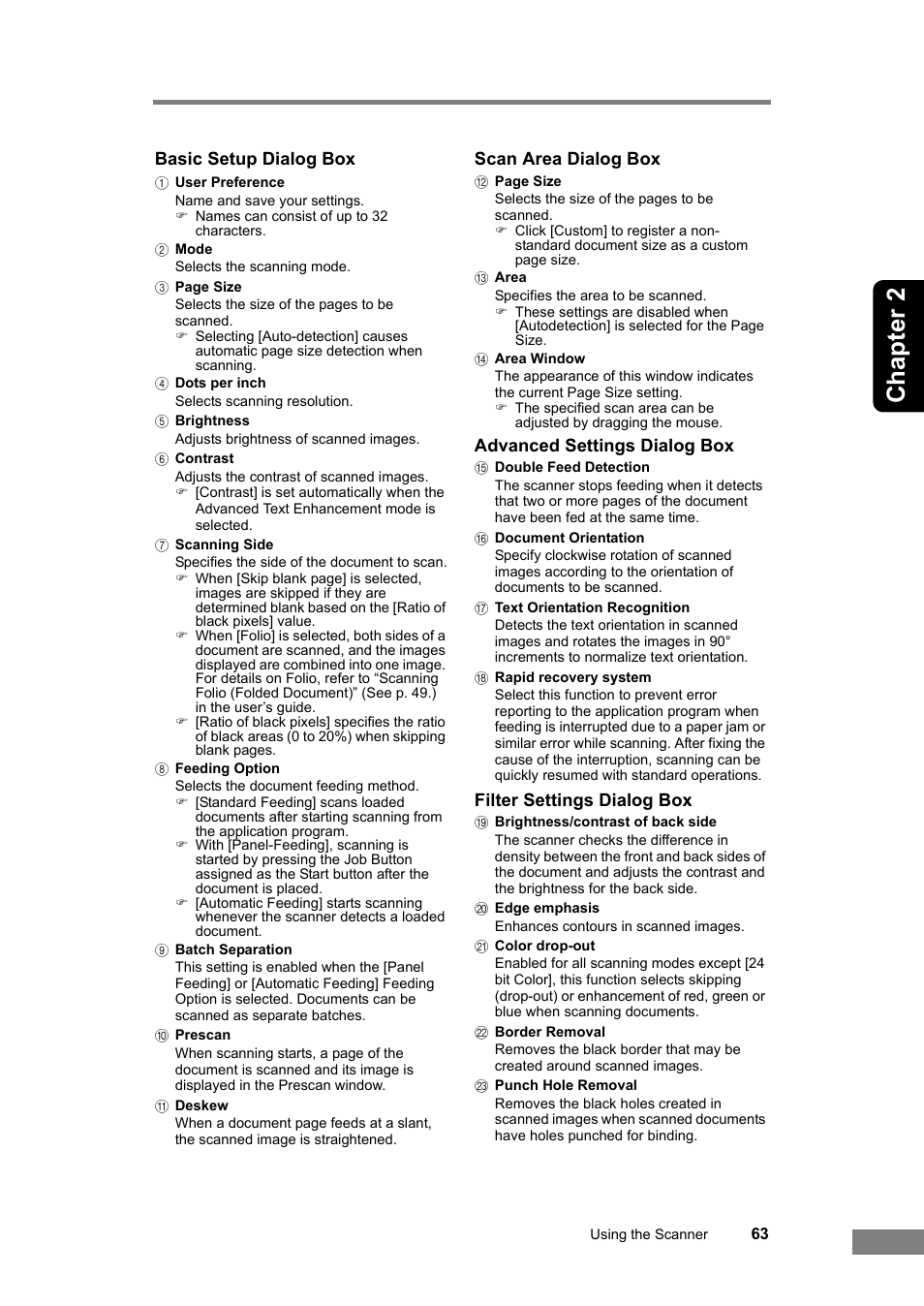 Chapter 2, Basic setup dialog box, Scan area dialog box | Advanced settings dialog box, Filter settings dialog box | Canon DR-2580C User Manual | Page 67 / 116