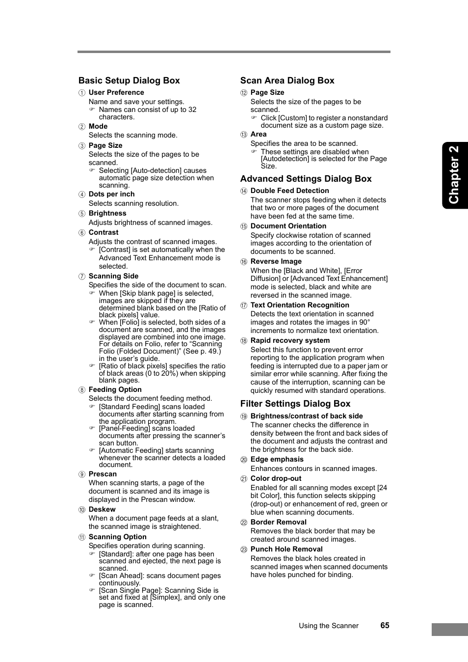 Chapter 2, Basic setup dialog box, Scan area dialog box | Advanced settings dialog box, Filter settings dialog box | Canon DR-2580C User Manual | Page 69 / 116