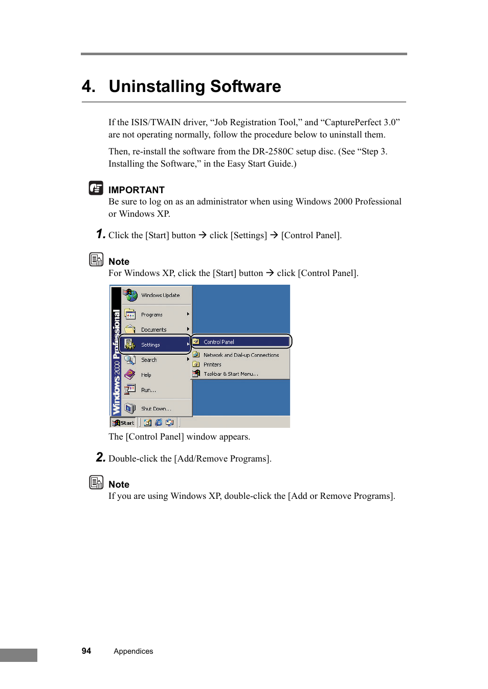 Uninstalling software | Canon DR-2580C User Manual | Page 98 / 116