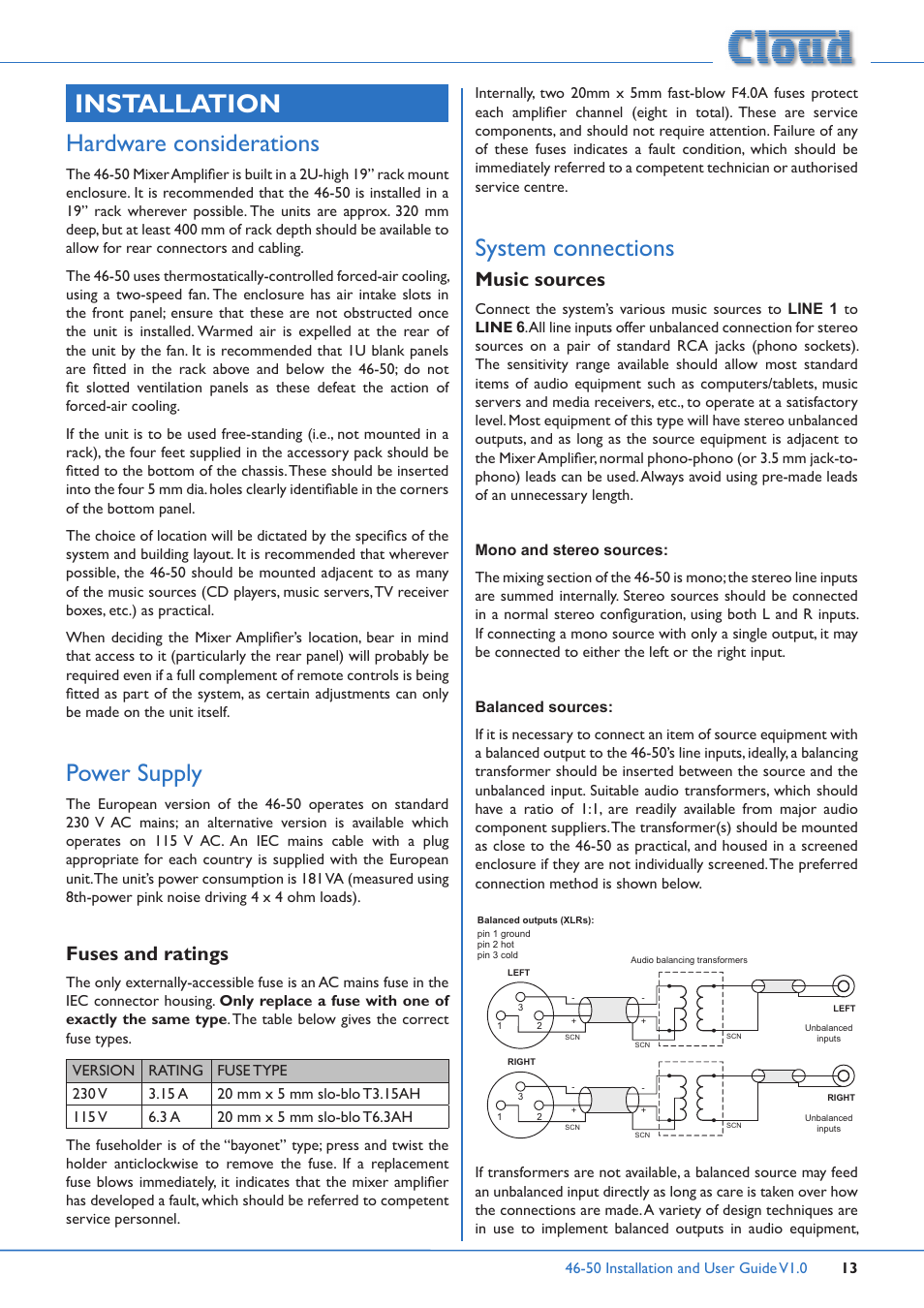 Installation, Hardware considerations power supply, Fuses and ratings | System connections, Music sources, Hardware considerations, Power supply | Cloud Electronics 46-50 User Manual | Page 13 / 28