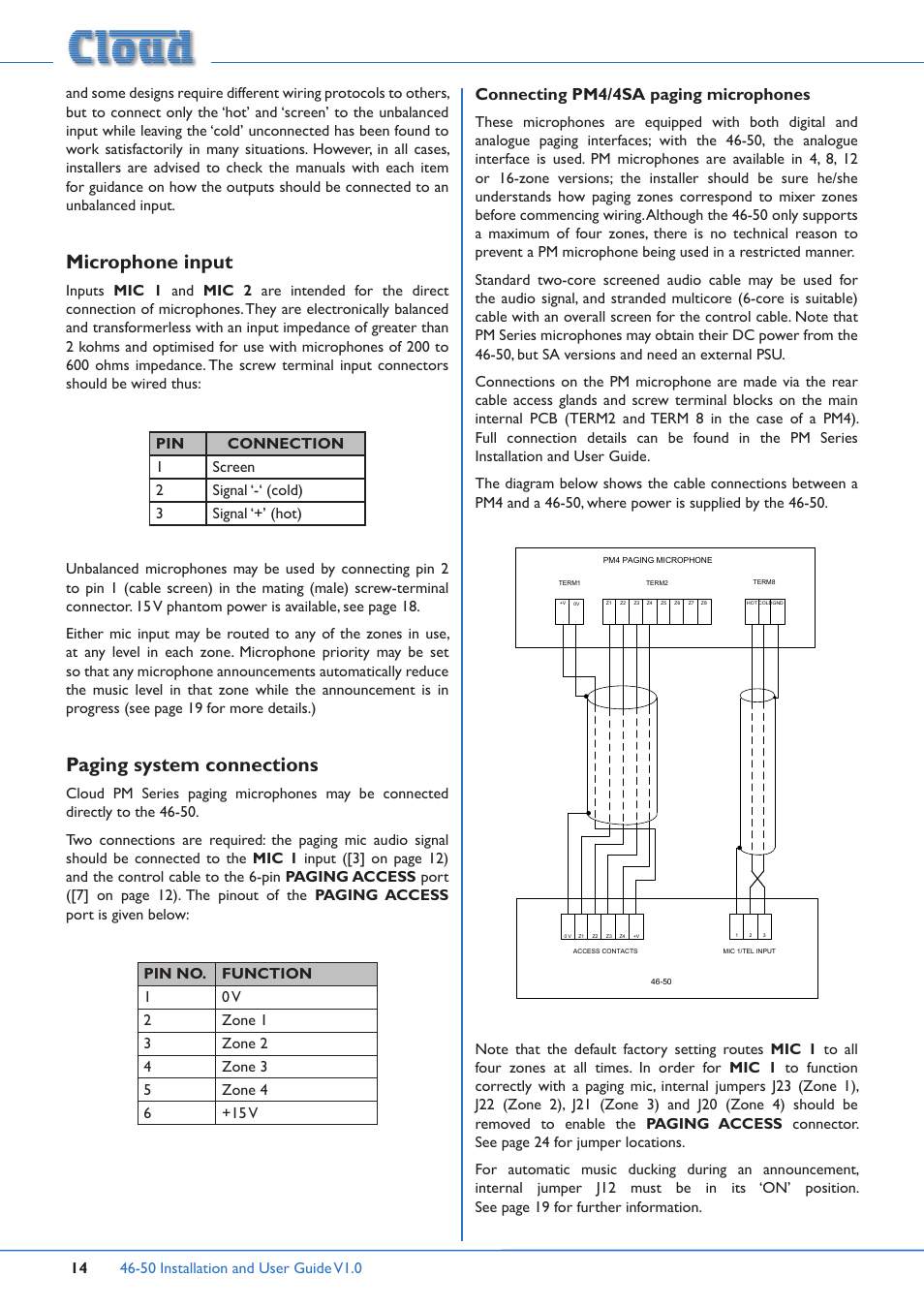 Microphone input paging system connections, Microphone input, Paging system connections | Connecting pm4/4sa paging microphones | Cloud Electronics 46-50 User Manual | Page 14 / 28