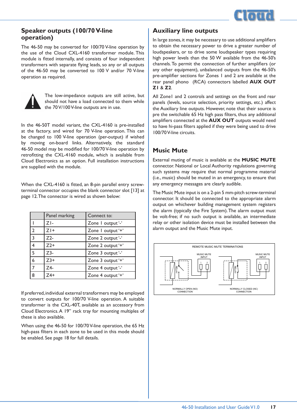 Music mute, Auxiliary line outputs | Cloud Electronics 46-50 User Manual | Page 17 / 28