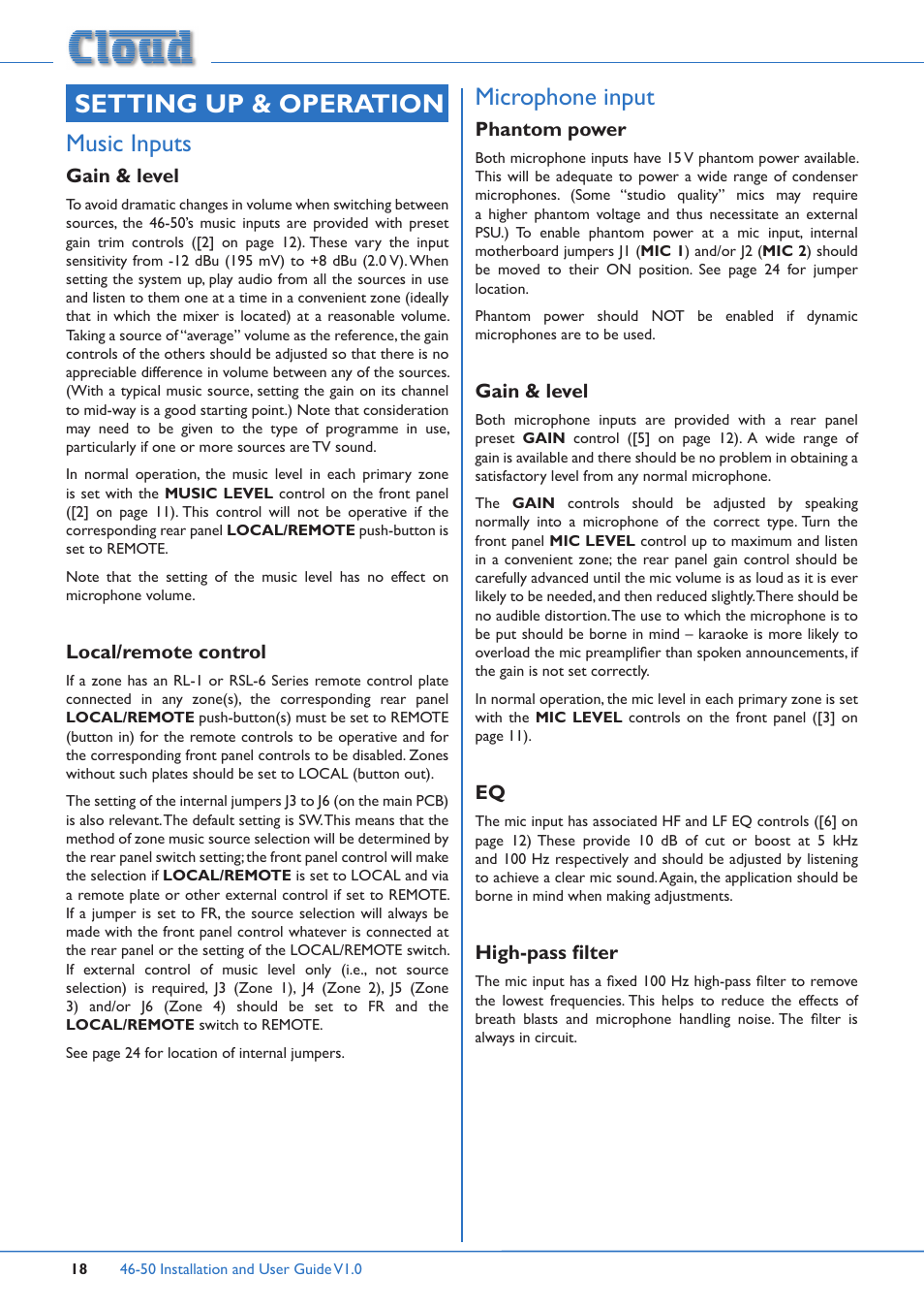 Setting up & operation, Music inputs, Gain & level | Local/remote control, Microphone input, Phantom power, Gain & level eq, High-pass filter | Cloud Electronics 46-50 User Manual | Page 18 / 28