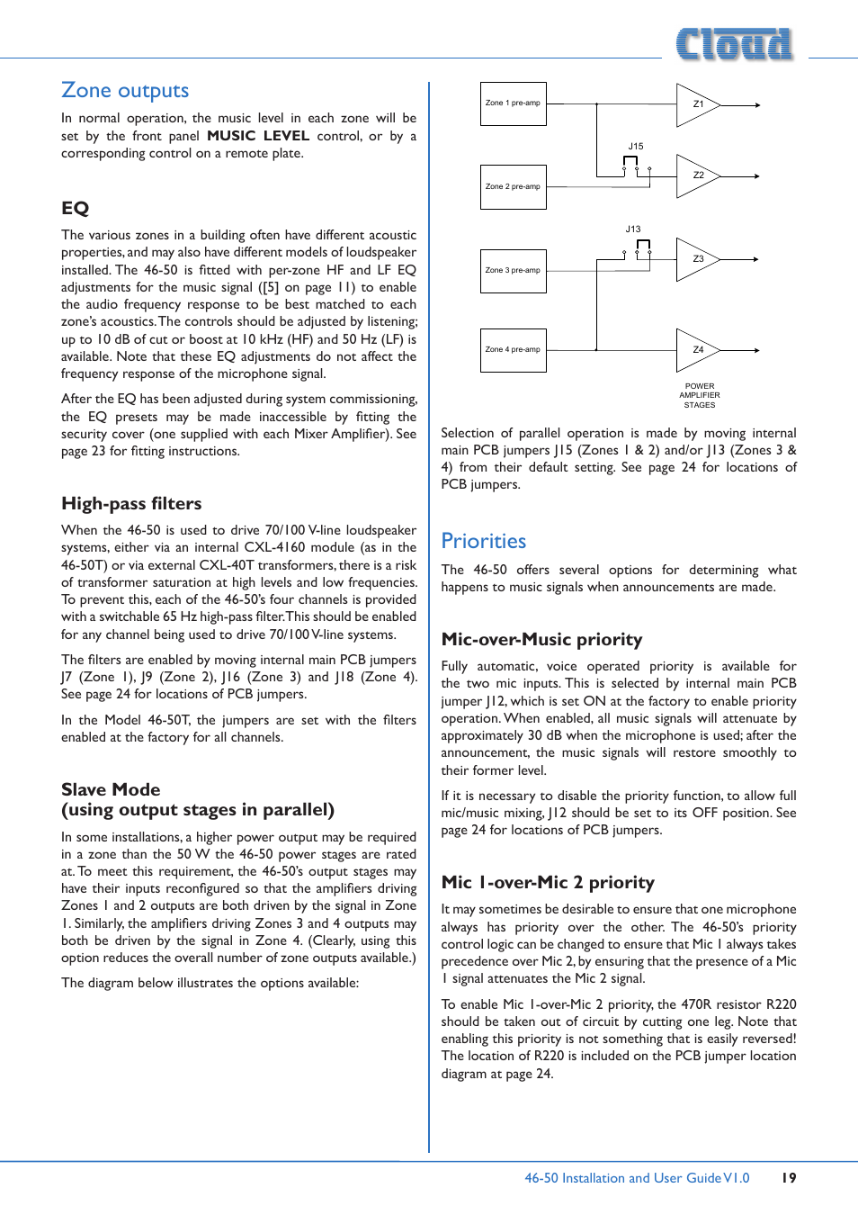 Zone outputs, Priorities, Mic-over-music priority mic 1-over-mic 2 priority | High-pass filters, Slave mode (using output stages in parallel), Mic-over-music priority, Mic 1-over-mic 2 priority | Cloud Electronics 46-50 User Manual | Page 19 / 28