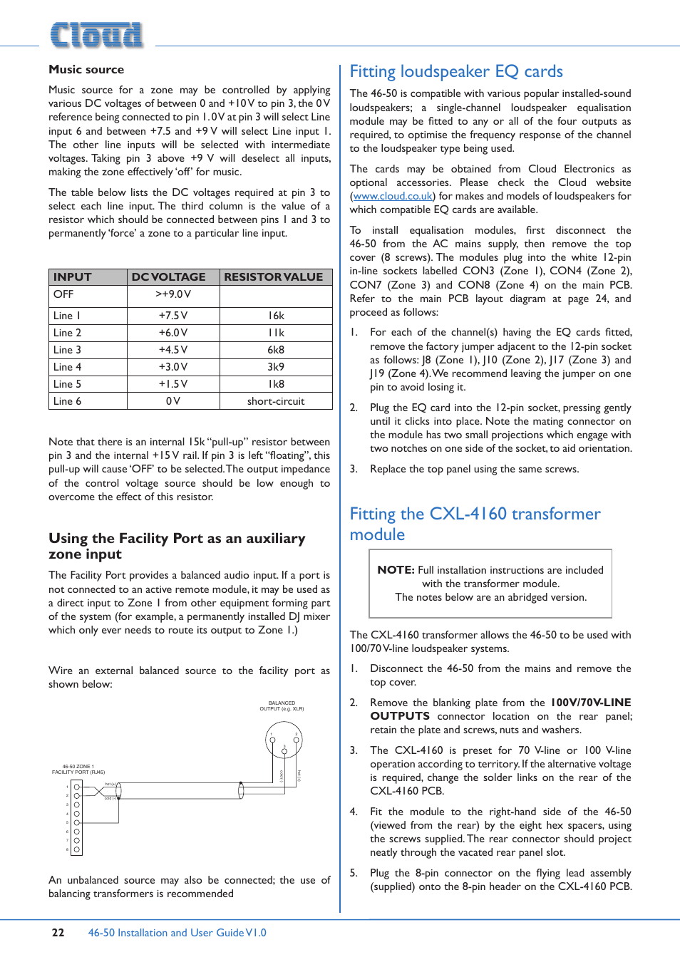 Using the facility port as an auxiliary zone input, Fitting loudspeaker eq cards, Fitting the cxl-4160 transformer module | Music source | Cloud Electronics 46-50 User Manual | Page 22 / 28