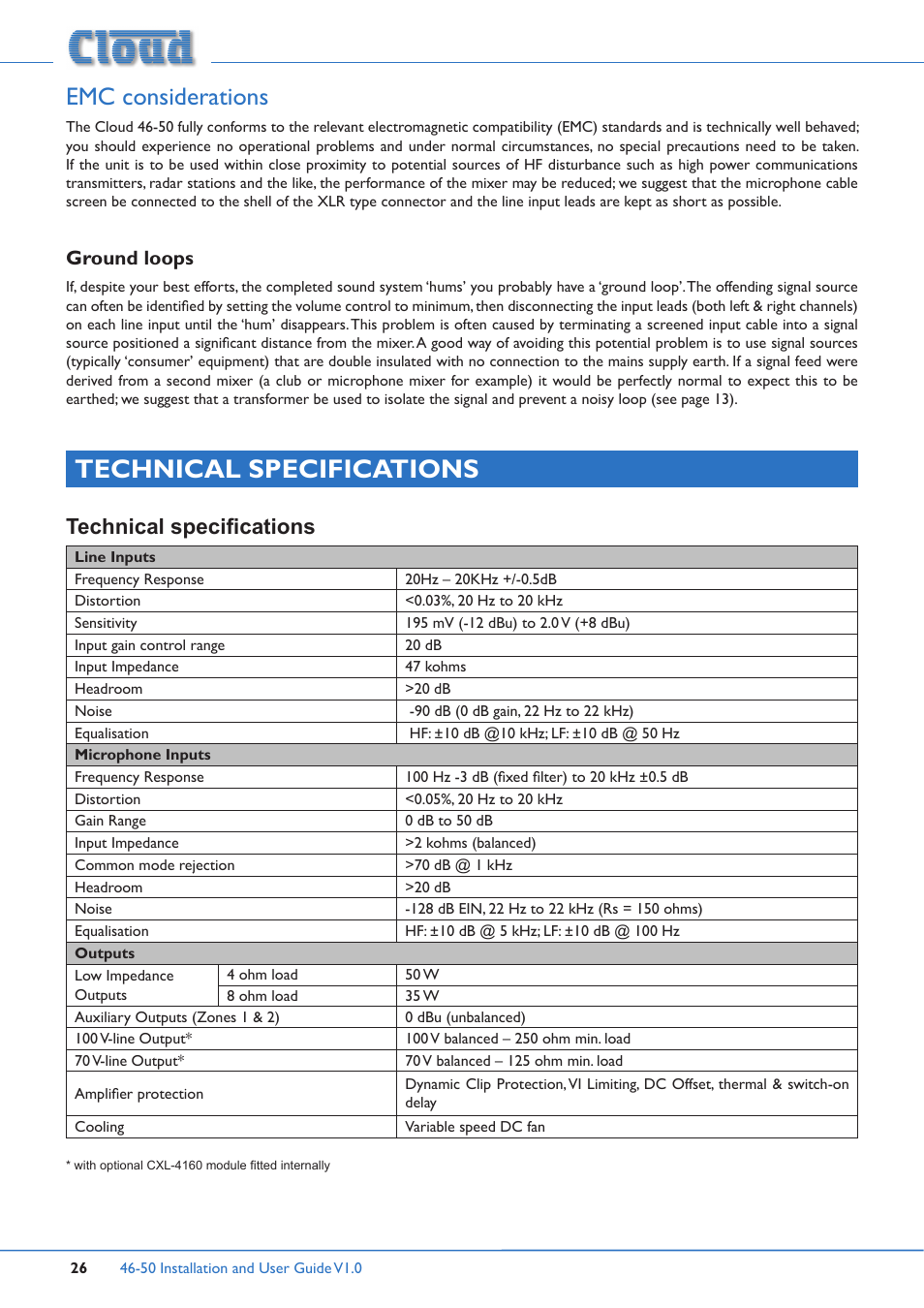 Emc considerations, Ground loops, Technical specifications | Cloud Electronics 46-50 User Manual | Page 26 / 28