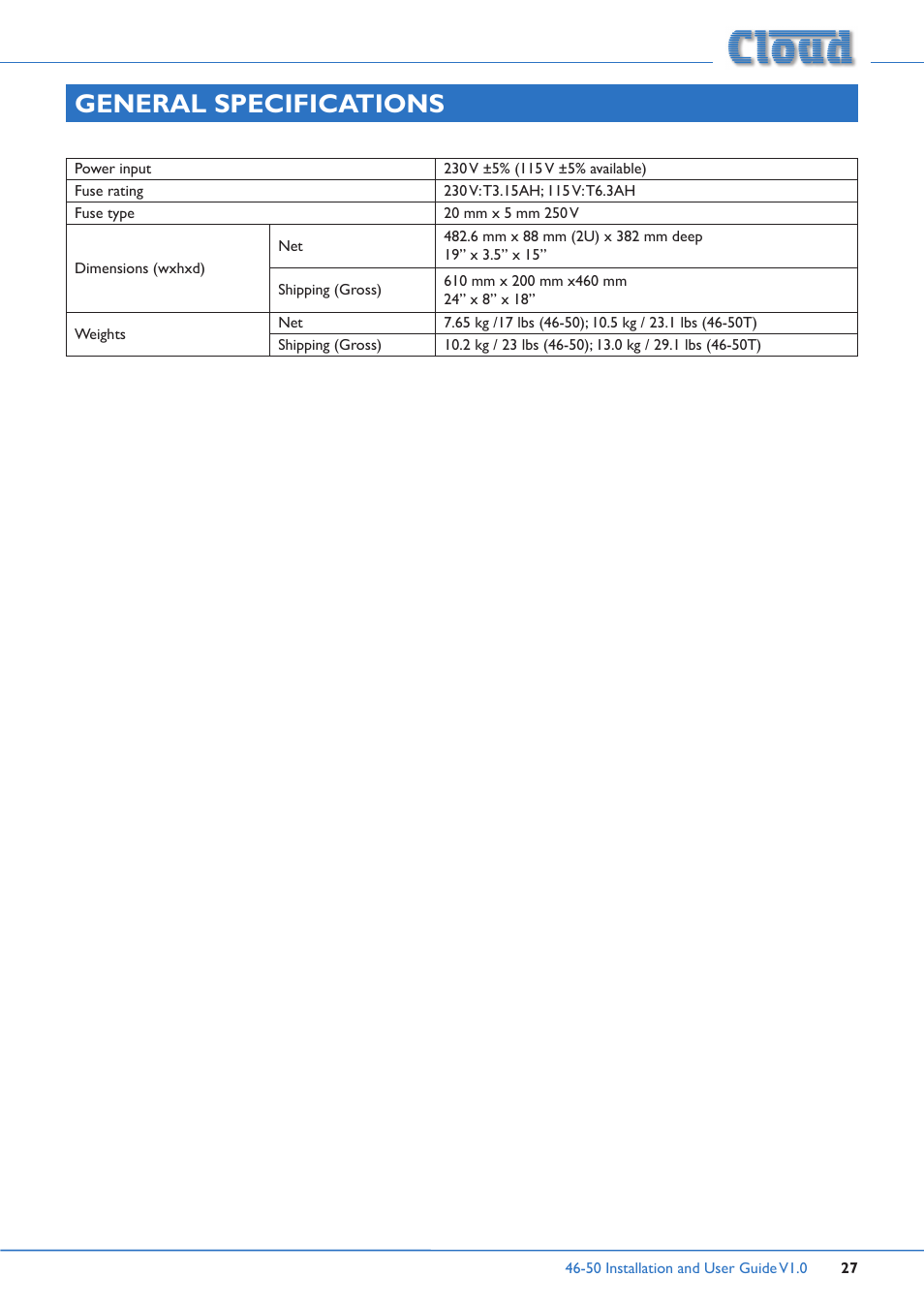 General specifications | Cloud Electronics 46-50 User Manual | Page 27 / 28