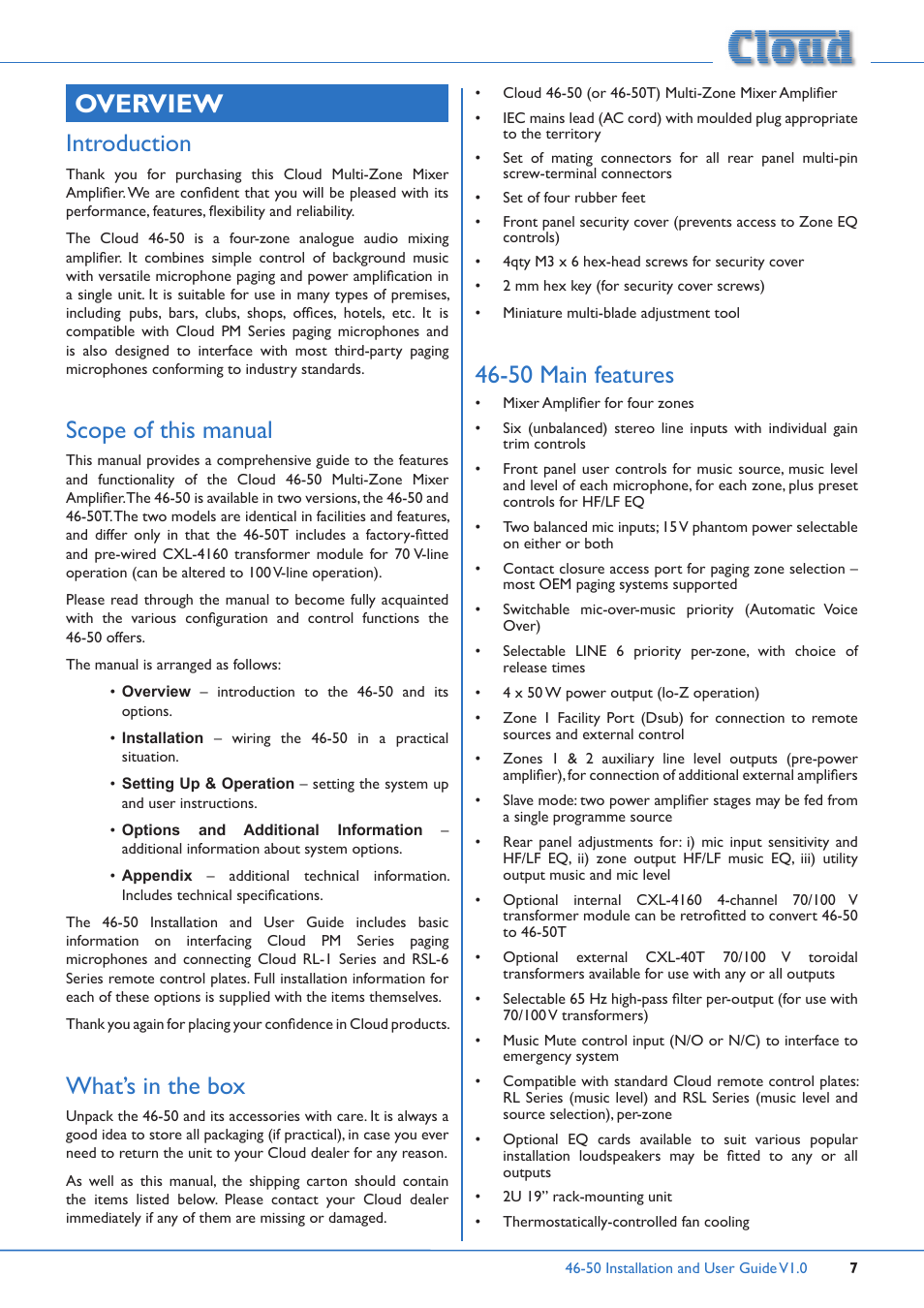 Overview, Introduction scope of this manual, What’s in the box 46-50 main features | Introduction, Scope of this manual, What’s in the box, 50 main features | Cloud Electronics 46-50 User Manual | Page 7 / 28