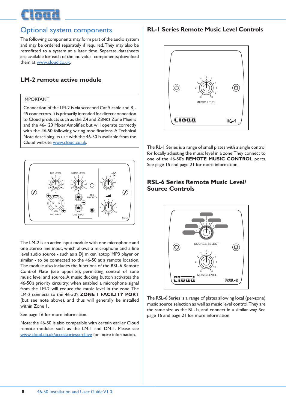 Optional system components, Lm-2 remote active module, Rl-1 series remote music level controls | Rsl-6 series remote music level/ source controls, Rl-1, Rsl 6 | Cloud Electronics 46-50 User Manual | Page 8 / 28