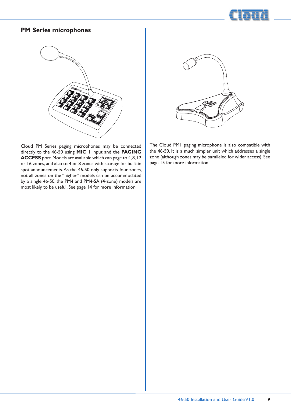 Pm series microphones | Cloud Electronics 46-50 User Manual | Page 9 / 28