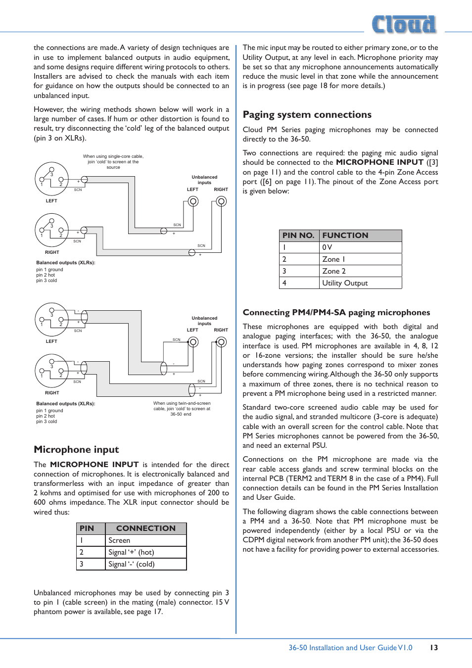 Microphone input paging system connections, Microphone input, Paging system connections | Connecting pm4/pm4-sa paging microphones | Cloud Electronics 36-50 User Manual | Page 13 / 24