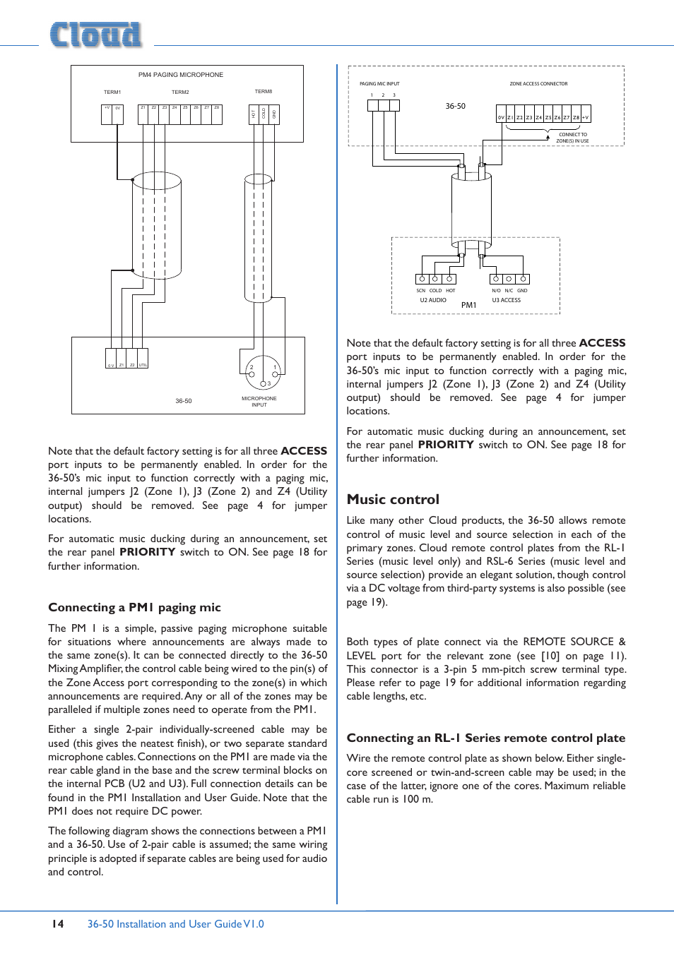 Music control, Connecting a pm1 paging mic, Connecting an rl-1 series remote control plate | Cloud Electronics 36-50 User Manual | Page 14 / 24