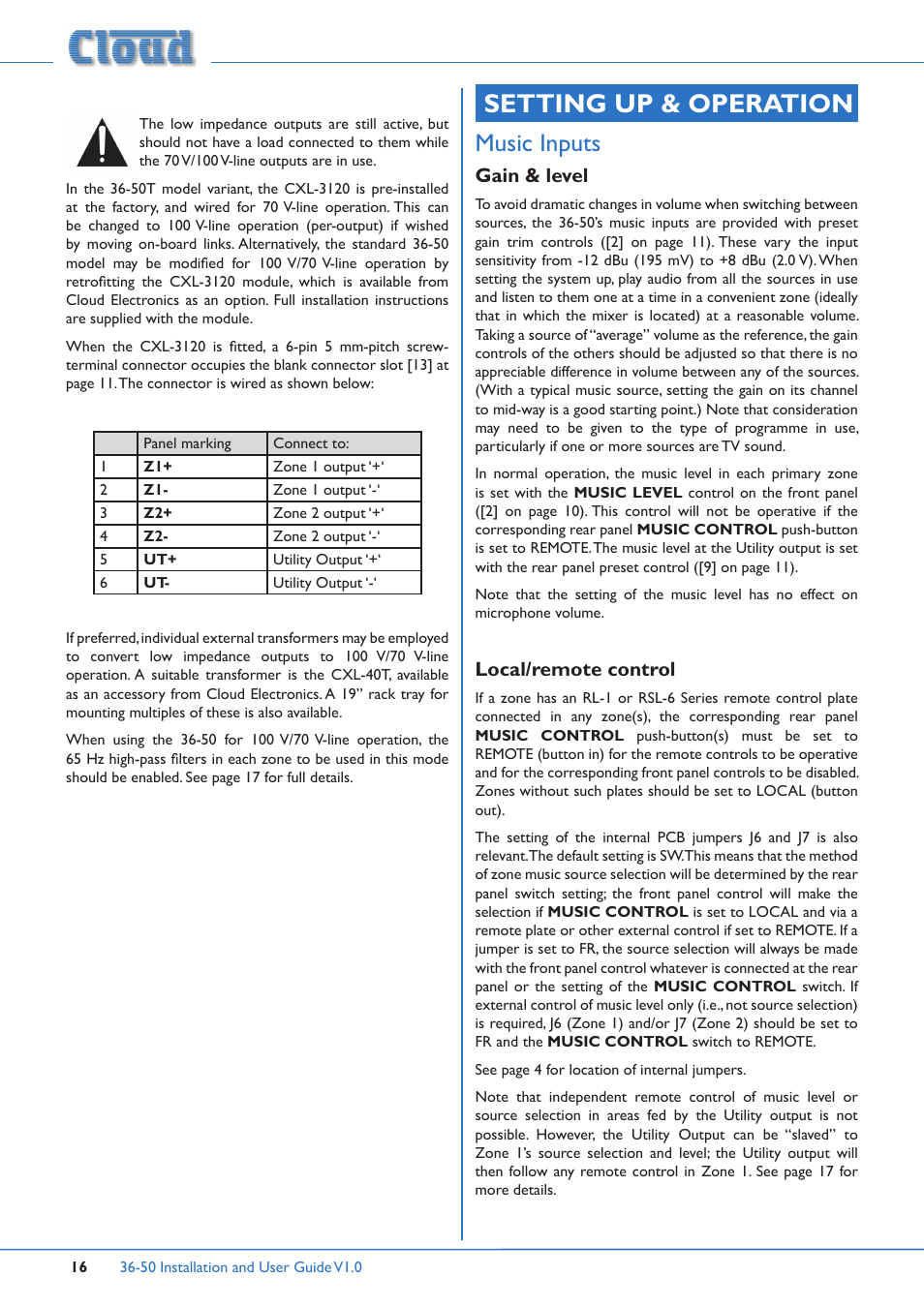 Setting up & operation, Music inputs, Gain & level | Local/remote control | Cloud Electronics 36-50 User Manual | Page 16 / 24
