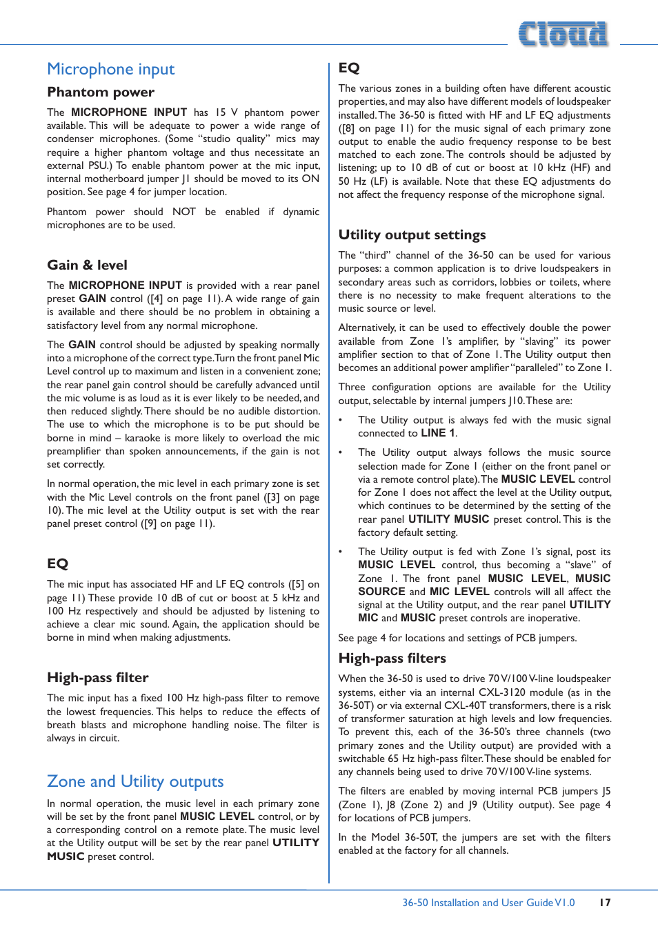 Microphone input, Phantom power, Gain & level eq | High-pass filter, Zone and utility outputs, Utility output settings high-pass filters | Cloud Electronics 36-50 User Manual | Page 17 / 24
