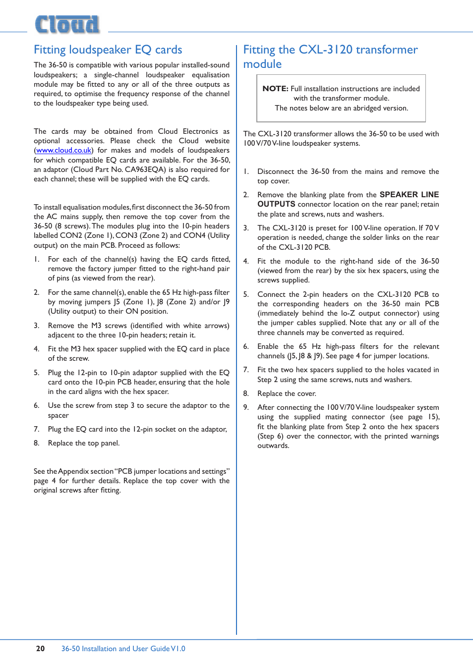Fitting loudspeaker eq cards, Fitting the cxl-3120 transformer module | Cloud Electronics 36-50 User Manual | Page 20 / 24