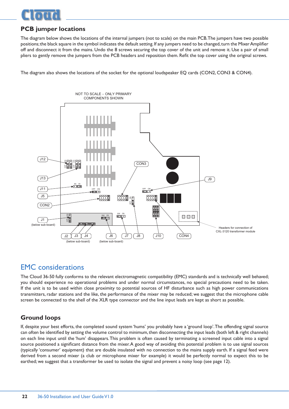 Pcb jumper locations, Emc considerations, Ground loops | Cloud Electronics 36-50 User Manual | Page 22 / 24