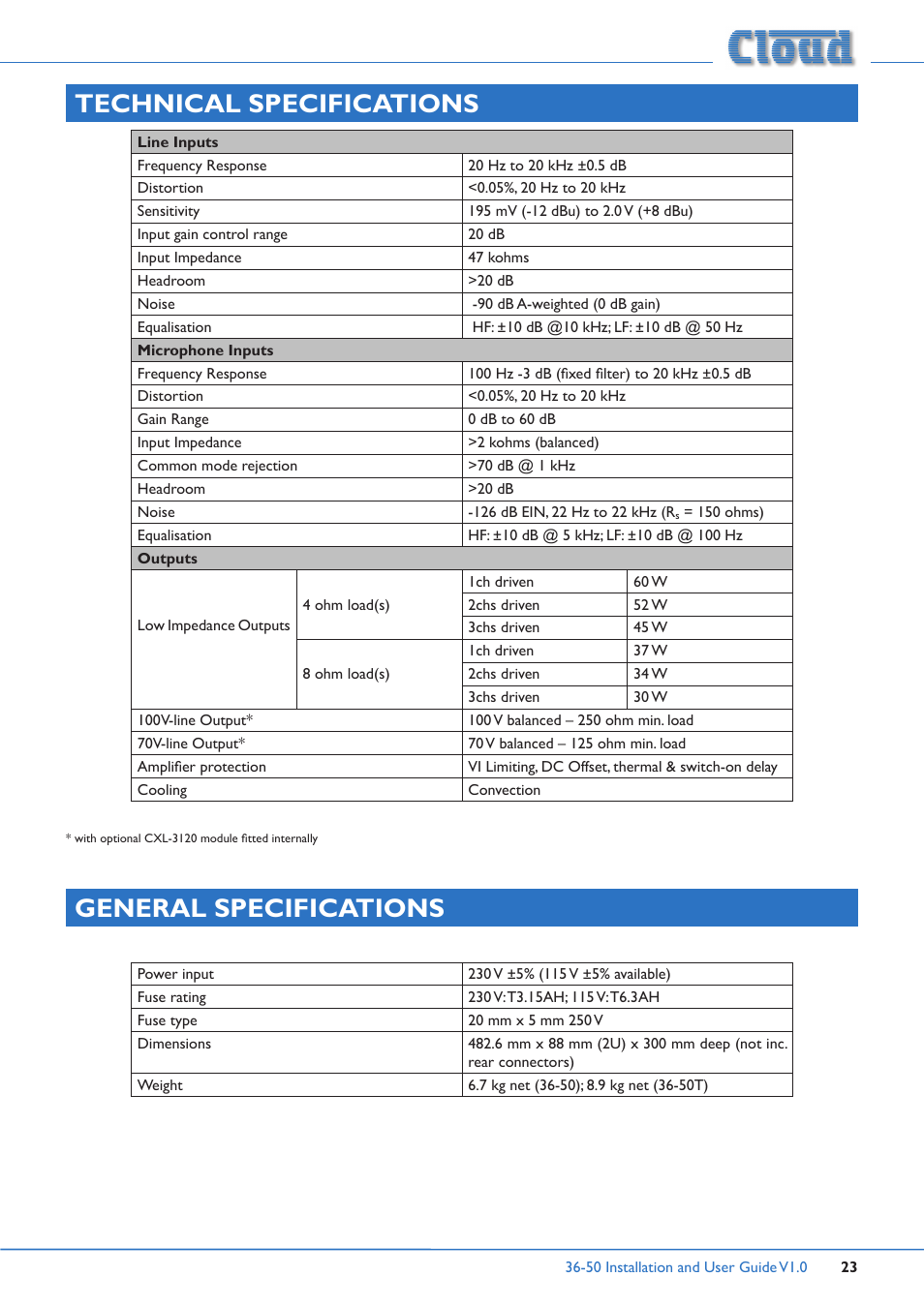Technical specifications, General specifications | Cloud Electronics 36-50 User Manual | Page 23 / 24