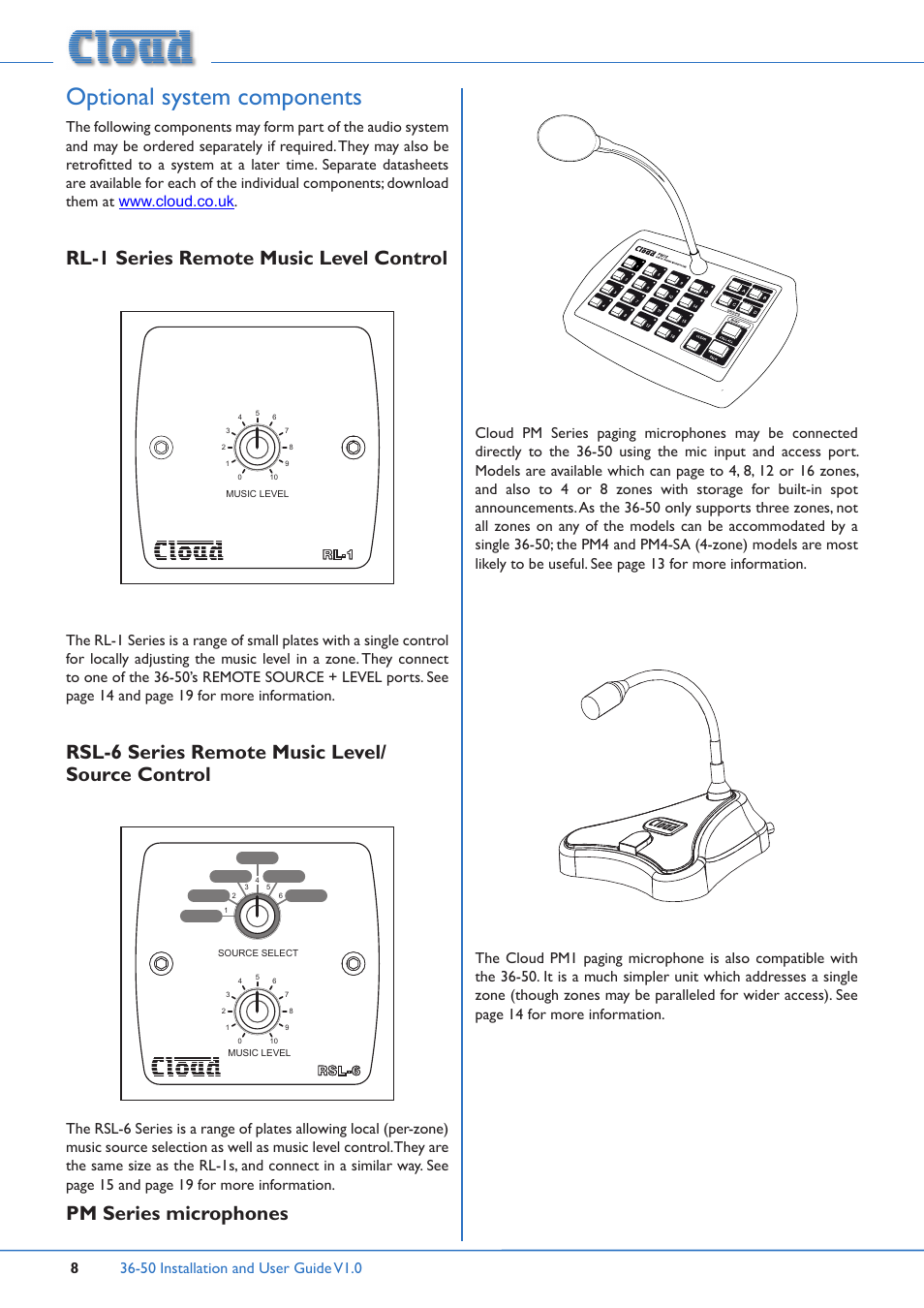 Optional system components, Rl-1 series remote music level control, Rsl-6 series remote music level/ source control | Pm series microphones | Cloud Electronics 36-50 User Manual | Page 8 / 24